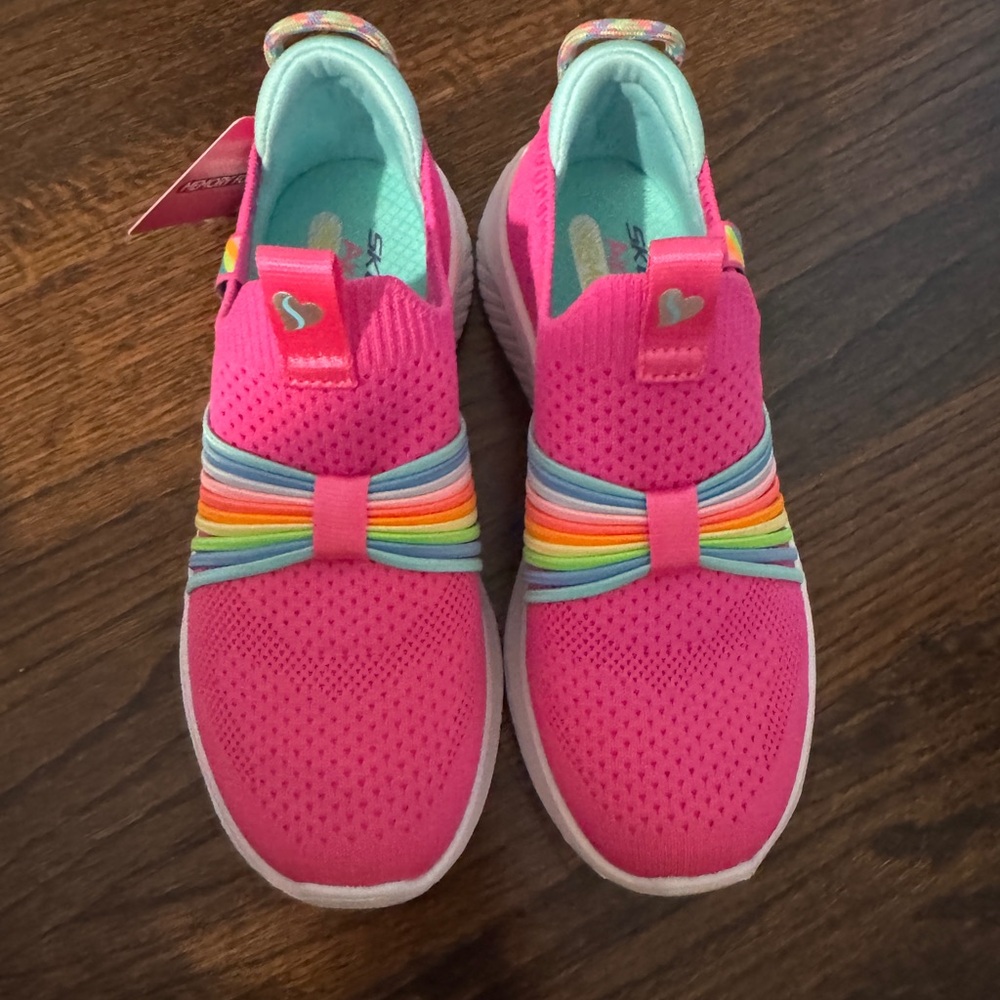 Skechers Kids' Vibrant Pink Sneakers with Rainbow Straps size 12 toddler